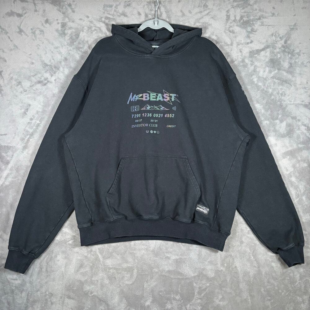 MrBeast Investor Club Hoodie Mens XL Black Graphic Pullover Cotton